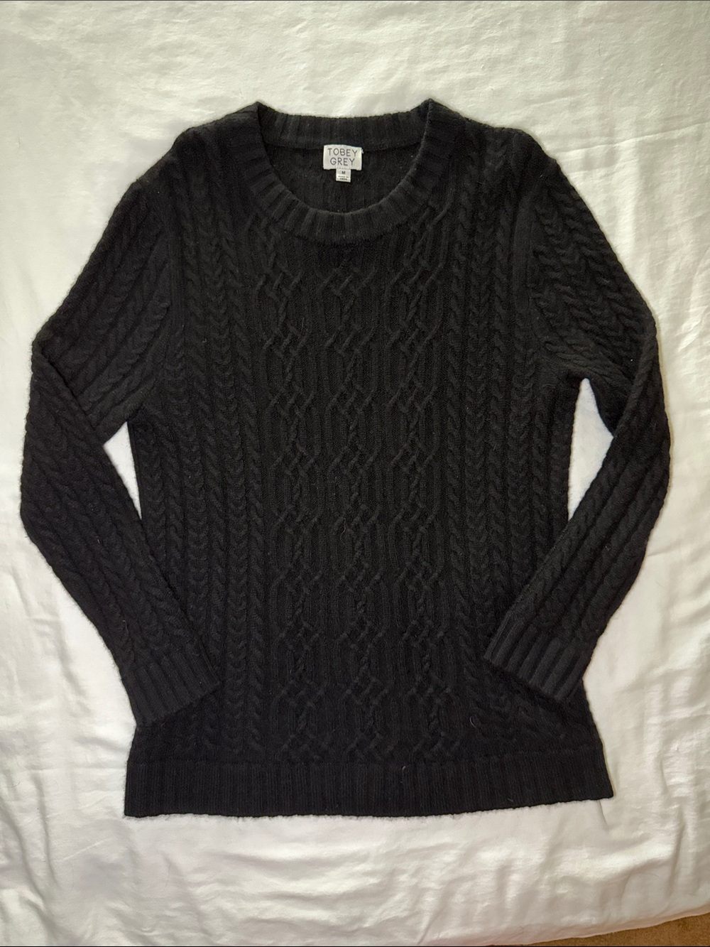 Tobey Grey Women’s Black Cable Knit Crewneck Sweater